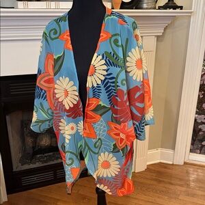 Vibrant Floral Kimono - Floral Blue and Orange - L - EUC